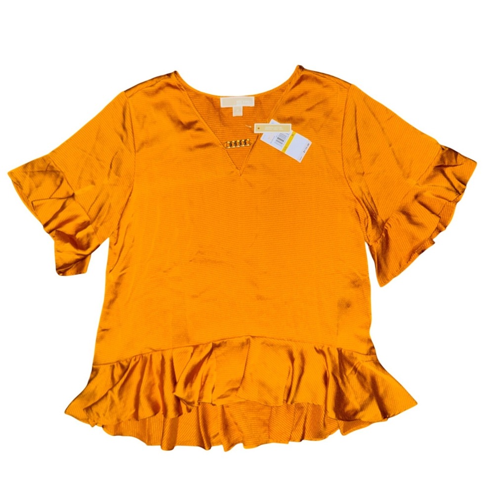 Michael Kors Marigold V Neck Ruffle Peplum Top Career Office Business Casual‎